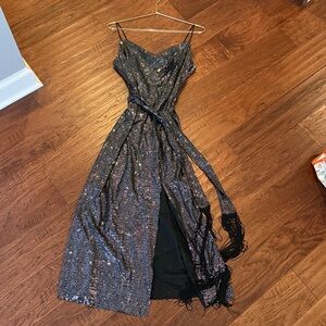 Zara Black Sequin Slip Midi Dress with Cowl Neck